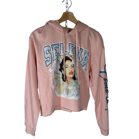 Selena Official NWT Women's Medium Como La Flor Pastel Pink Crop Graphic Hoodie - Picture 2 of 10